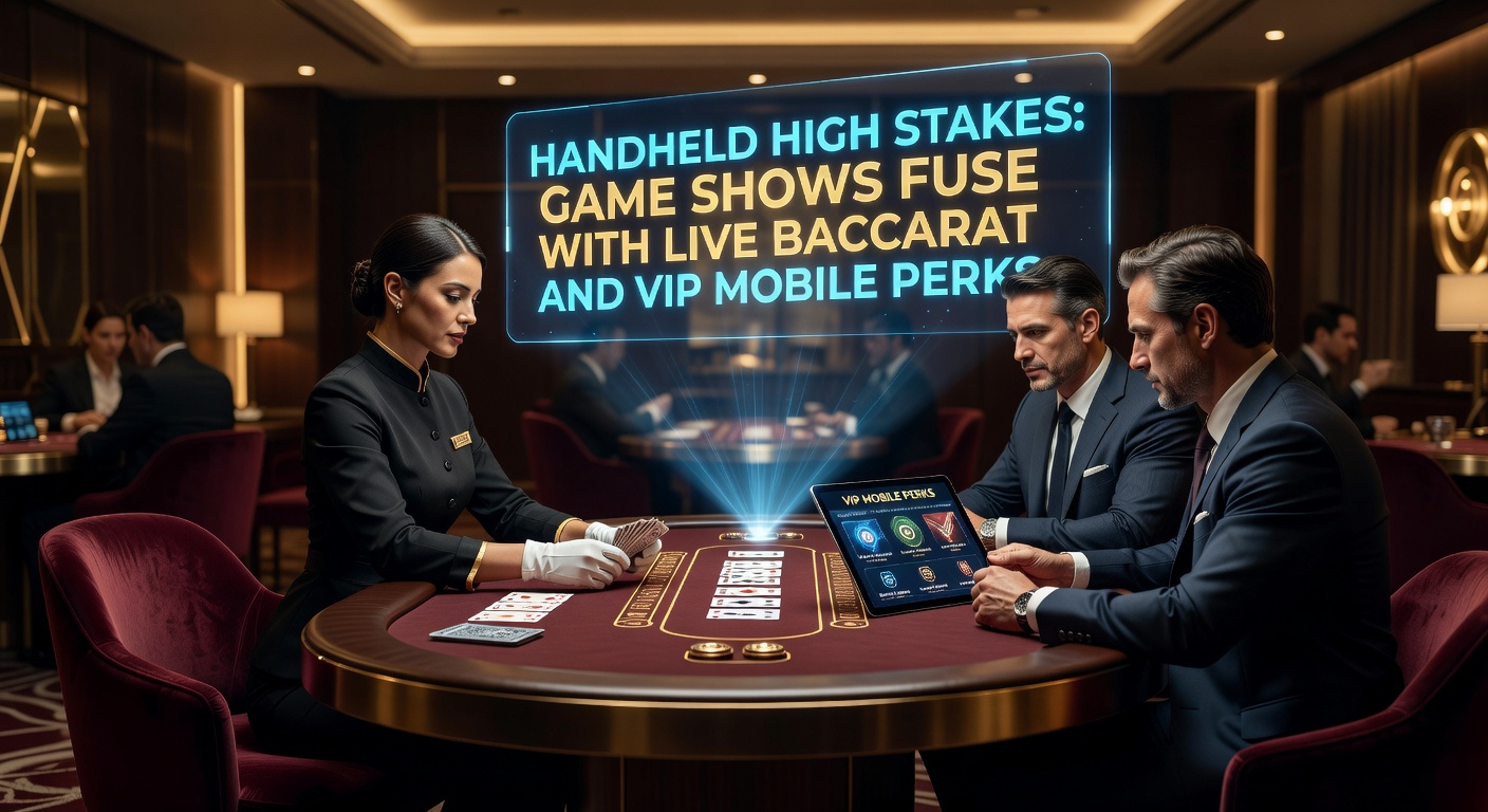 Smartphone mit Live-Baccarat-Game-Show auf hellem Bildschirm, umgeben von Casino-Chips und High-Stakes-Elementen