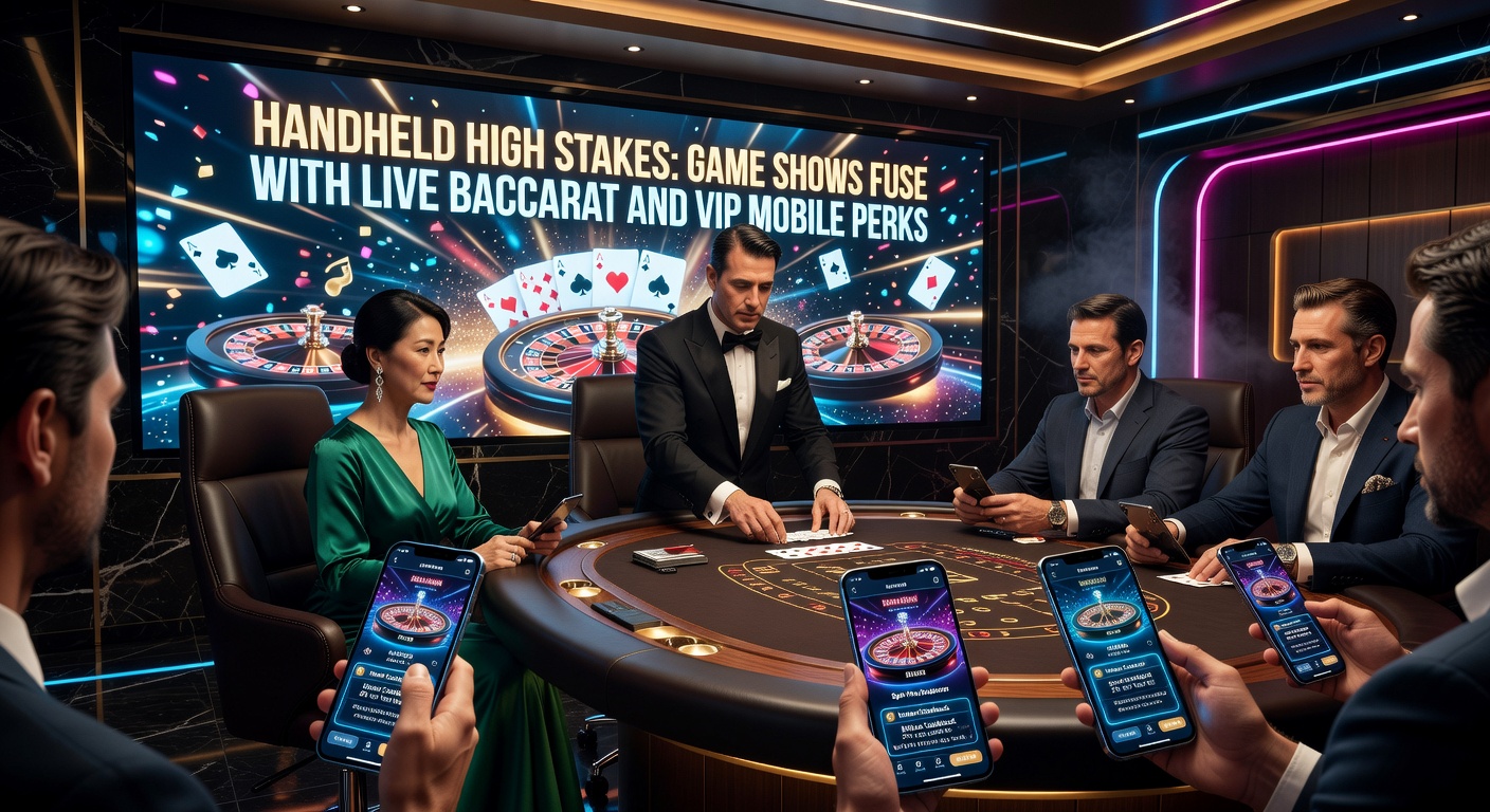 VIP-Mobile-App mit Game-Show-Baccarat-Tisch, goldenen Chips und Multiplikator-Rädern auf einem Tablet